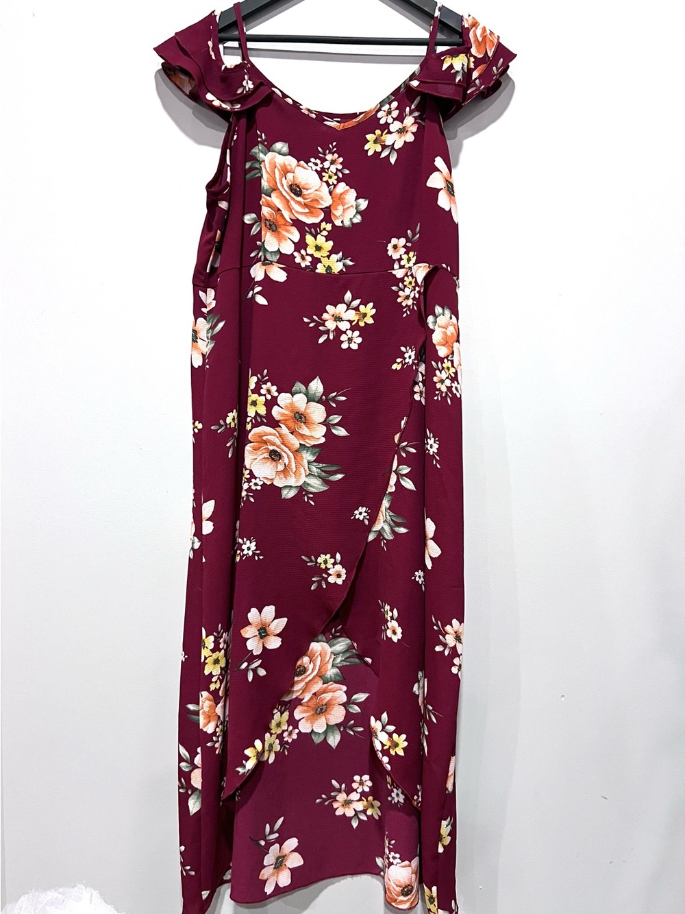 Floral Cold Shoulder High-Low Dress 3X | Burgundy Boho Wrap Front Midi